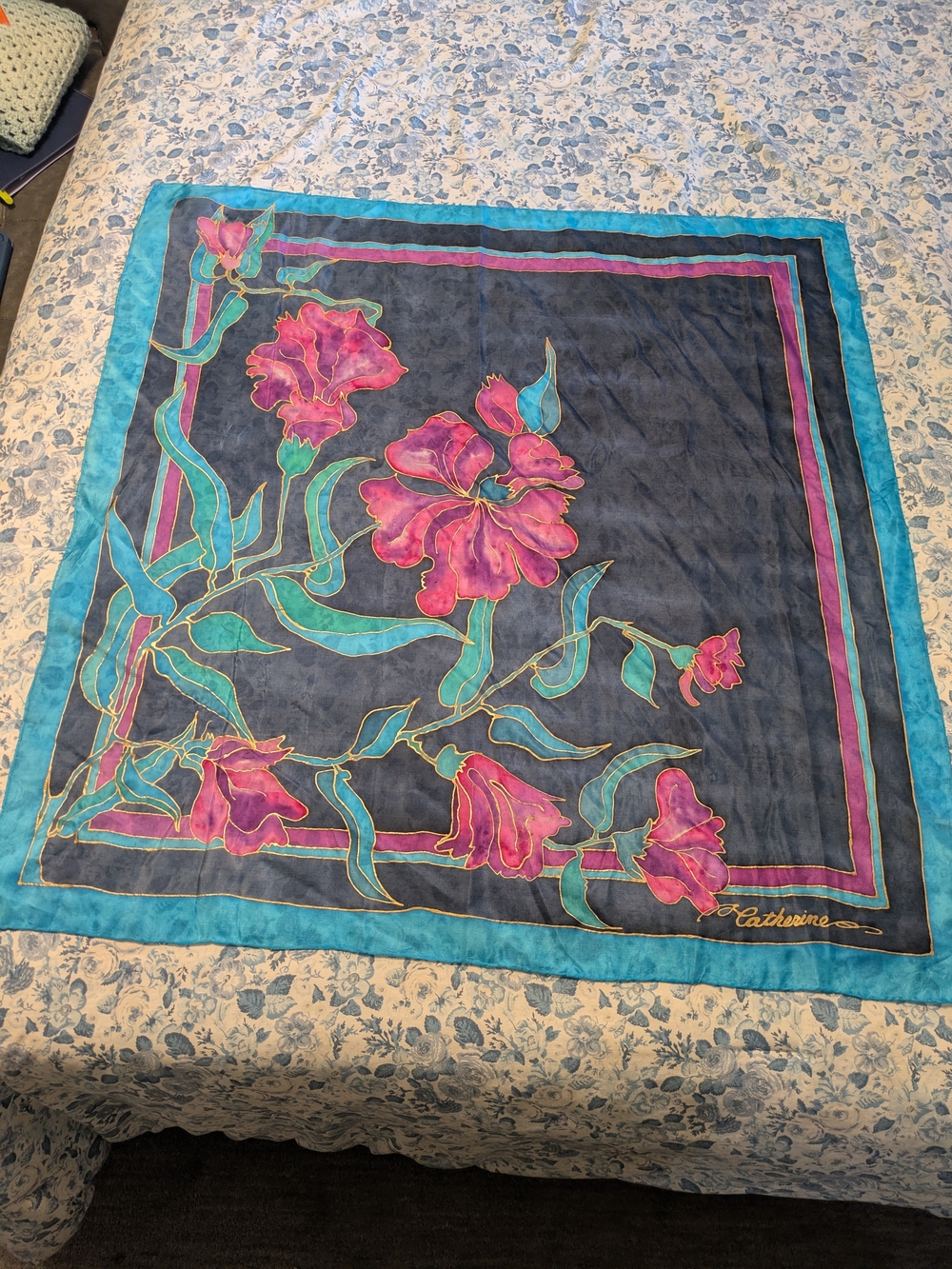 Vintage Catherines Floral Silk Scarf in Navy, Teal and Pink